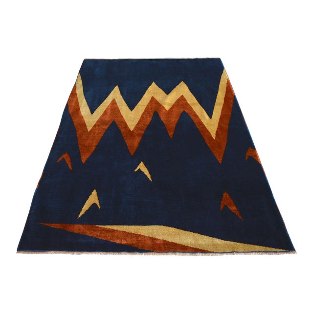 1980s Vintage Rug Comtemporary Hand Knotted Blue Area Rug - 4' 9" × 6' 7" For Sale