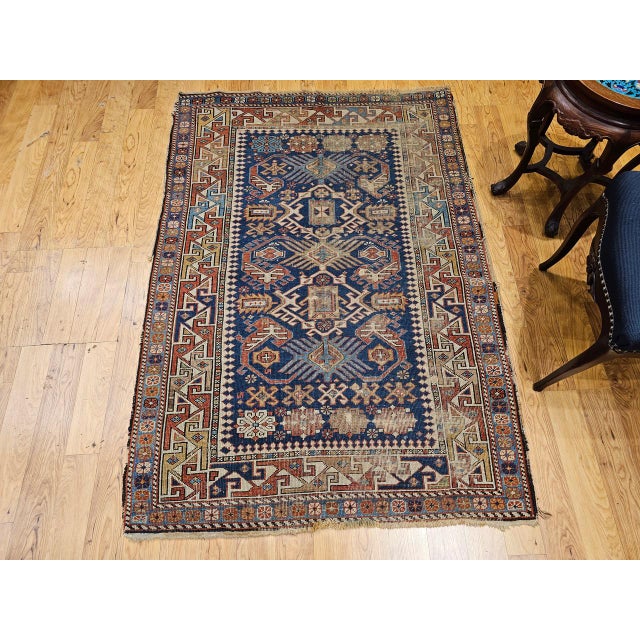 Navy Blue Antique Caucasian Shirvan Area Rug, Handwoven Wool, Allover Geometric Pattern, 1890s, 4' x 6' For Sale - Image 8 of 18