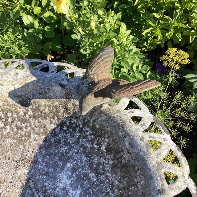 Vintage Bird Bath Aluminum With Iron Filigree Base and Perching Bird Sculpture For Sale - Image 11 of 12