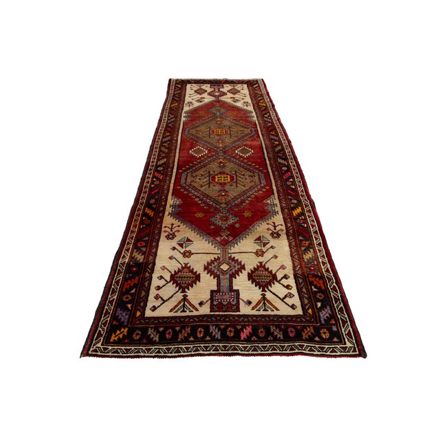 Vintage Caucasian Kazak Wool Runner Rug With Double Diamond Medallion in Crimson & Ivory For Sale - Image 4 of 8