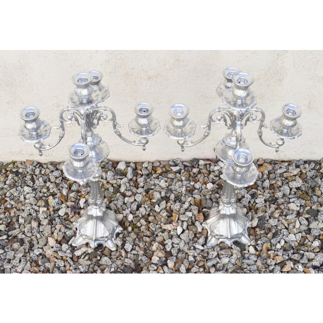 Candleholders Candelabras Pair 5 Cups Each Antique Circa 1950s Made of Pewter Silver Tone Made in Italy No Insignias For Sale In Los Angeles - Image 6 of 12