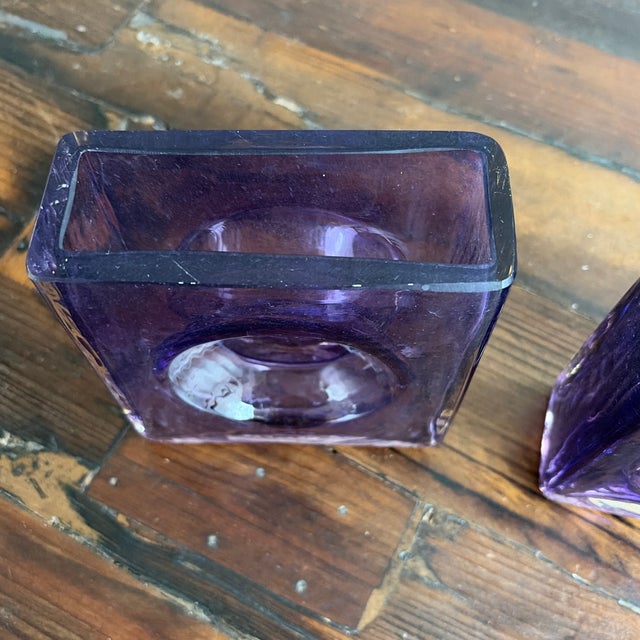 Amethyst A Pair Blenko Amethyst Glass Block Vases, Circa 1960s - Vintage Blenko Amethyst Glass #6944 Cube Vases Brutalist Style Vases by Joel Philip Myers For Sale - Image 8 of 10