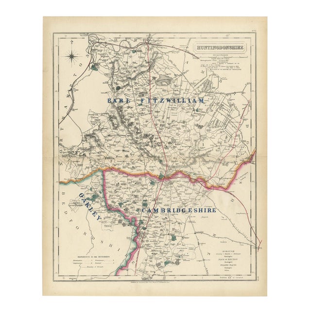 Antique Hobson Fox Hunting Map of Huntingdonshire by Fitzwilliam Hunt, 1870 For Sale
