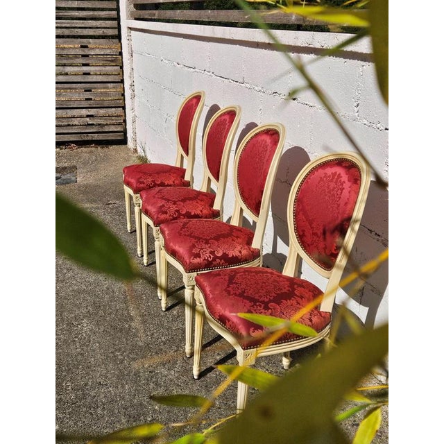 Antique Louis XVI French Medallion Damask Chairs, Set of 4 For Sale - Image 5 of 18