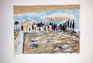 Casolari e Cipressi - Original Lithograph by Orfeo Tamburi - 1970s 1970s