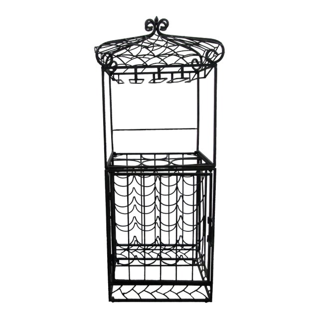 1980s Spanish Revival Vintage Black Wrought Iron Cage Shape 20 Bottle Wine Rack For Sale