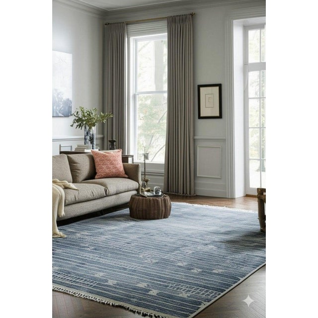 5x8 Hand-Knotted Wool Linear Blue Blocks Geometric Modern Carpet Rug For Sale - Image 10 of 12