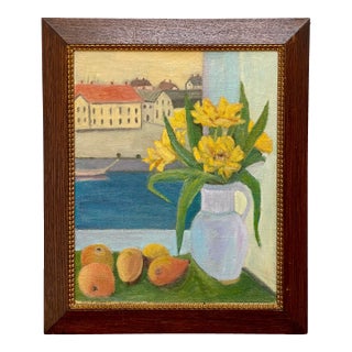 Mid 20th Century Mid-Century Scandinavian Style Oil Painting of Yellow Flowers and Fruit For Sale