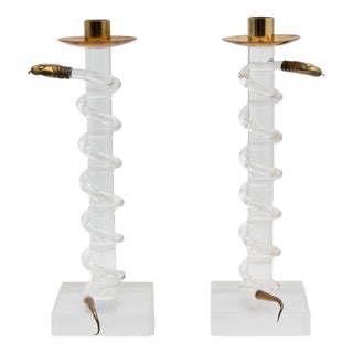 Acrylic and Brass Serpent Snake Candlesticks by Alessandro Albrizzi, 1970s, Set of 2 For Sale