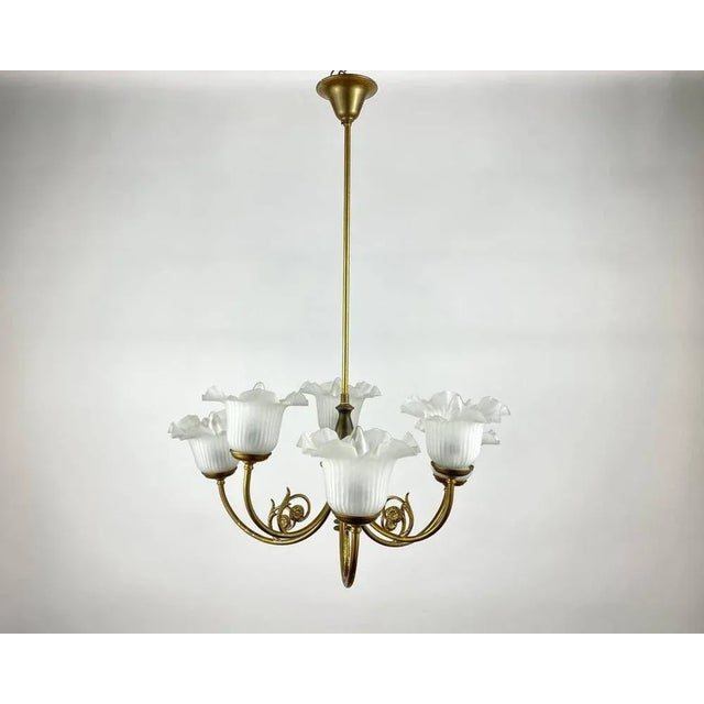 Vintage Gilt Brass & Frosted Glass Chandelier, France, 1970s For Sale - Image 10 of 10