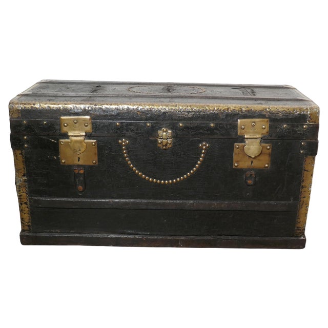 French Country House Leather and Brass Bound Chest For Sale