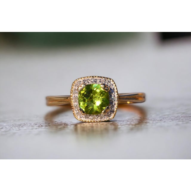 Contemporary The Zhu: Peridot and Natural Diamond Halo Ring in Yellow Gold For Sale - Image 3 of 11