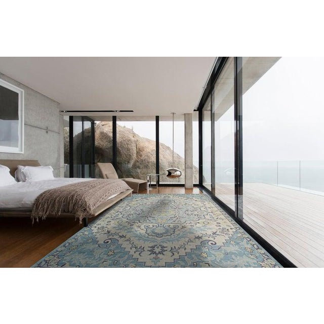 Textile 9x12 Blue Hand-Knotted Wool Floral Symmetry Geometric Modern Carpet Rug For Sale - Image 7 of 9