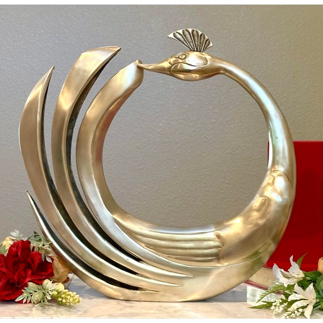 Dolbi Cashier Swan Solid Brass Statue Polished Peacock Figure MCM Brass Swan For Sale In Phoenix - Image 6 of 7