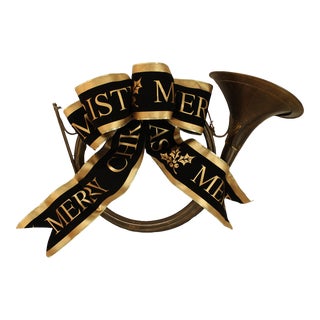 Ext. Large"Made in Paris" Brass Christmas Musical French Horn/Velvet Ribbon For Sale