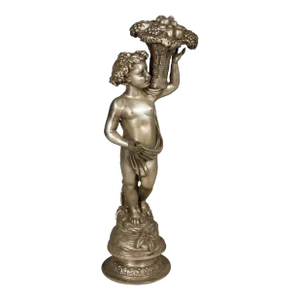 Mid 20th Century Baroque Style Silvered Bronze Statuette of a Putto Carrying a Fruit Basket
