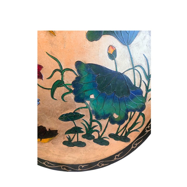 Late 20th Century Oriental Handpainted Birds & Flowers Lacquered Gold Leaf Plaque – 30″ Diameter For Sale - Image 9 of 9