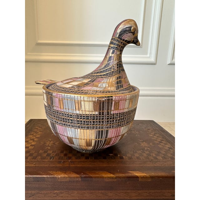 Amazing vintage Pheasant Bird Lidded Compote by Aldo Londi for Bitossi. From the Mid-Century Seta series of Bitossi...
