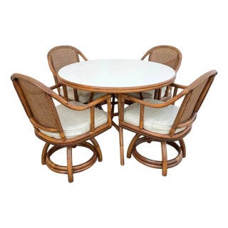 Vintage Hollywood Regency Bentwood Rattan Bamboo Swivel Chair Dining Set - 5 PCS For Sale