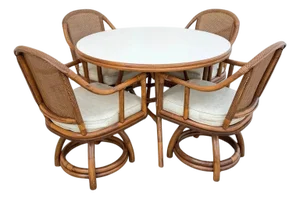 Vintage Hollywood Regency Bentwood Rattan Bamboo Swivel Chair Dining Set - 5 PCS