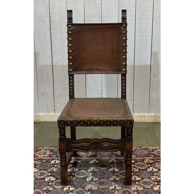 High-Backed Chair in Oak and Leather, Early 20th Century For Sale - Image 5 of 14
