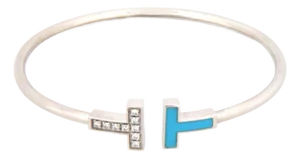 Tiffany & Co. T Wire Diamond Turquoise 18k White Gold Cuff Bangle Bracelet