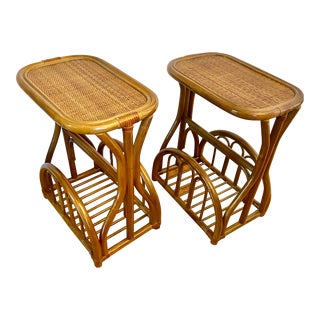 1970's Rattan and Wicker Side Tables With Magazine Rack- a Pair For Sale