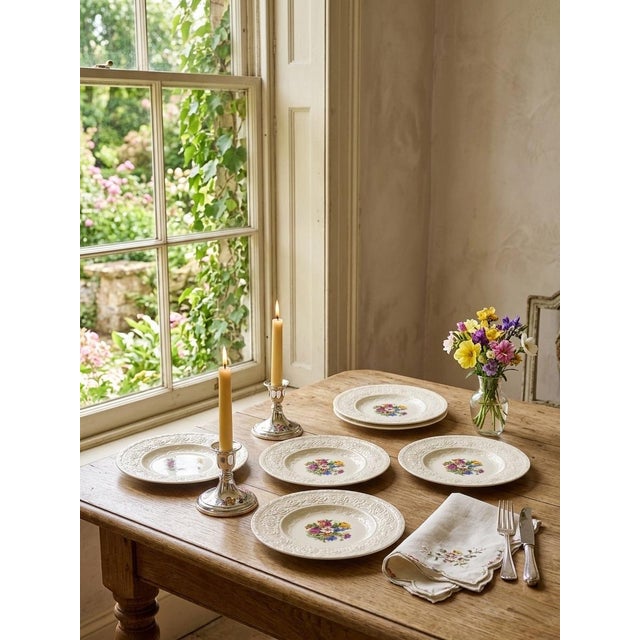 Ceramic Vintage Crown Ducal English Dinner Plates With Embossed Floral Borders - Set of 6 For Sale - Image 7 of 8