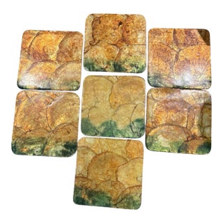 Vintage Gold & Green Capiz Shell Mosaic Coasters, Set of 7 For Sale