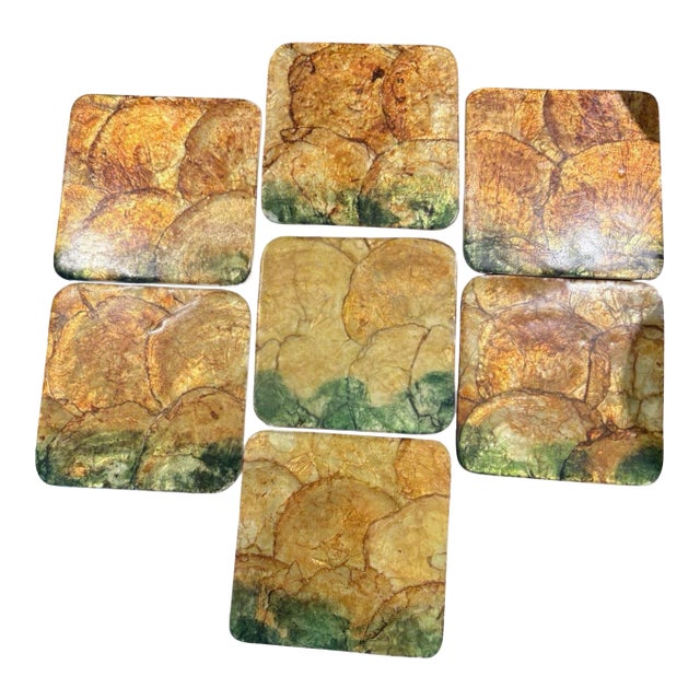 Vintage Gold & Green Capiz Shell Mosaic Coasters, Set of 7 For Sale