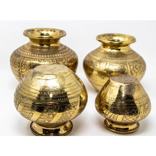 Metal Vintage Engraved Brass Lota Vessel From India 1950s Set of 4 For Sale - Image 7 of 12