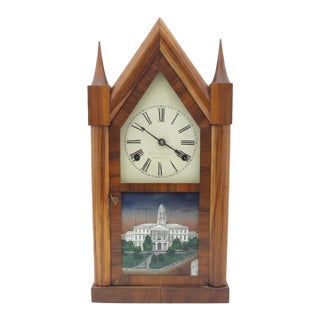 Antique Smith & Goodrich 30 Hour Steeple Mantel Clock With Hand Painted Old State House For Sale