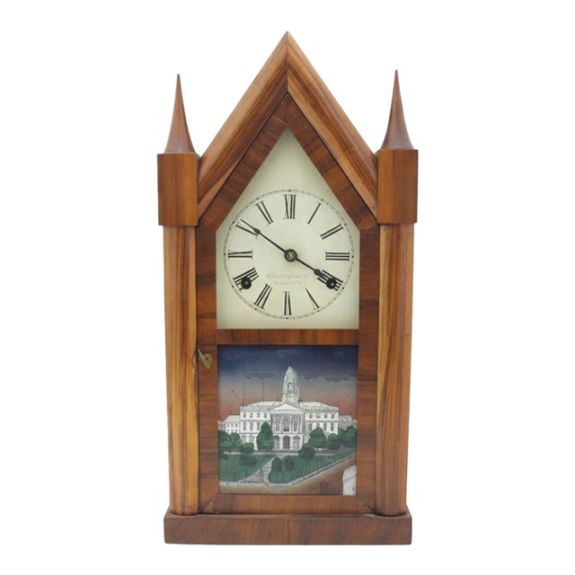 Antique Smith & Goodrich 30 Hour Steeple Mantel Clock With Hand Painted Old State House For Sale