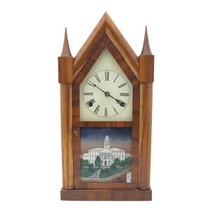 Antique Smith & Goodrich 30 Hour Steeple Mantel Clock With Hand Painted Old State House