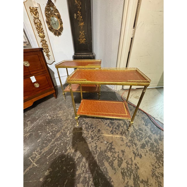 Pair of Italian Bagues Style Brass and Leather Side Tables For Sale - Image 9 of 9