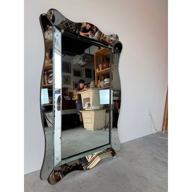 Art Deco Large- 1960s Italian Hollywood Regency Scalloped Etched Beveled Wall Mirror For Sale - Image 3 of 13