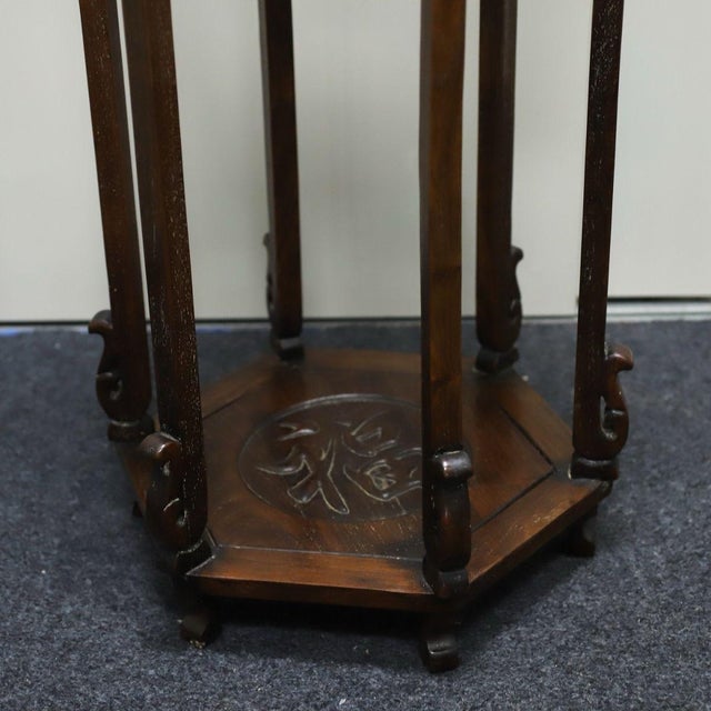 Mid 20th Century Pair of Vintage Chinese Hardwood Inlaid Hexagonal Pedestal Tables (Flower Stands) For Sale - Image 5 of 12