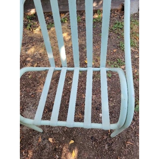 Brown Jordan Mid 19th Century Brown Jordan Patio Chair Metal Vertical Vinyl Strap Double Arm Aqua Stacks MCM For Sale - Image 4 of 4