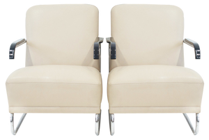 Set of Beige Leather and Tubular Steel Lounge Chairs, 1970s