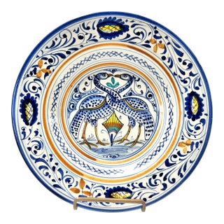 Mid 20th Century Verdiani Firenze Italian Majolica Bowl – “Decoro Arcaico” Bird Motif, Hand Painted 10” Charger Plate Bowl For Sale