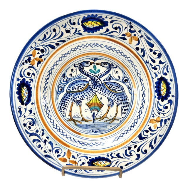 Mid 20th Century Verdiani Firenze Italian Majolica Bowl – “Decoro Arcaico” Bird Motif, Hand Painted 10” Charger Plate Bowl For Sale