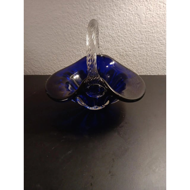 Glass 1980s Signed Flygsfors Coquille Sweden Cobalt Glass Basket For Sale - Image 7 of 8