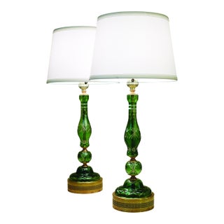 1940s Classic Bohemian Green "Cut Through" Deco Art Glass Brass Boudoir Candlestick Table Lamps - a Pair For Sale