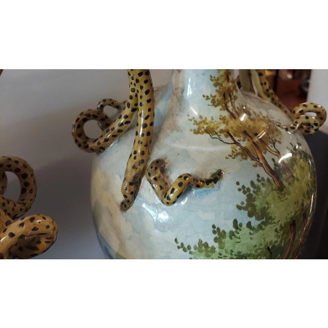 Pair Of 1915 Capodimonte Urns With Snake Handles, Hand Painted For Sale - Image 4 of 8
