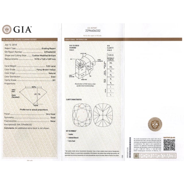 Brown Gia Certified 5.02 Carat Cushion Cut Brown Yellow Diamond Ring in 18k Rose Size 6 For Sale - Image 8 of 10
