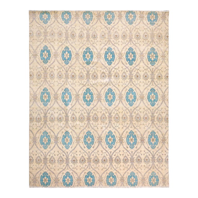 1980s Contemporary Ziegler Ivory Blue Hand-Knotted Wool Rug - 11'8'' X 14'11'' For Sale