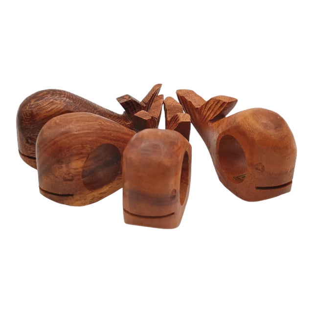 Mid-Century Modern Carved Wood Whale Napkin Rings - Set of 4 For Sale