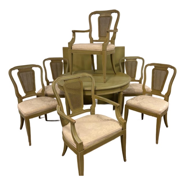 Mid 20th Century Dixon Powdermakers Mid Century Gustavian Swedish Style Extension Dining Table Set With 6 Cane Chairs For Sale