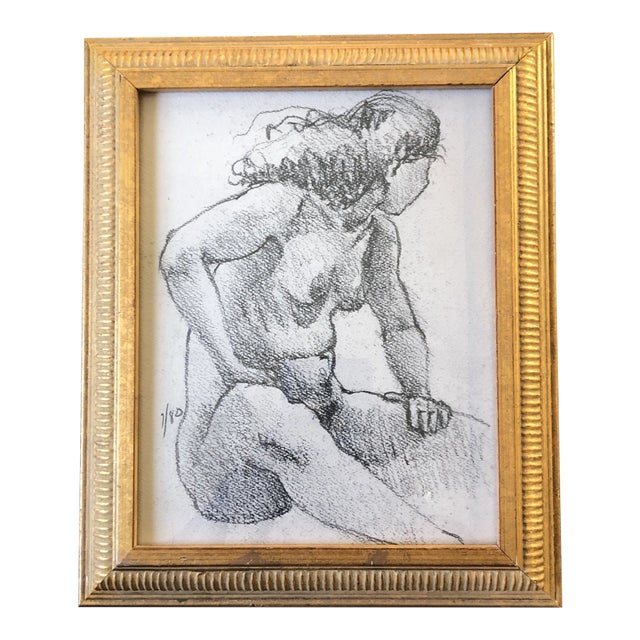 Vintage Original Female Nude Charcoal Study Drawing 1980 Vintage Frame For Sale