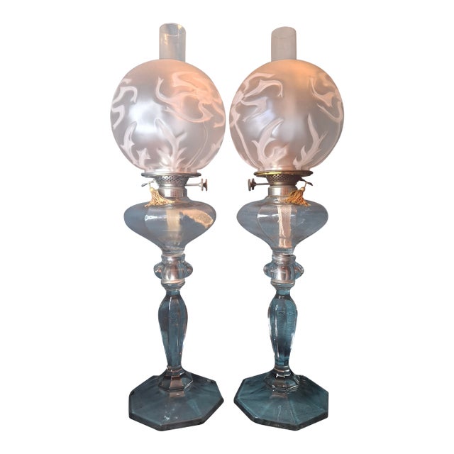Antique Complete Fostoria No. 17 Glass Kerosene Banquet Lamps Duplex Burner - a Pair For Sale
